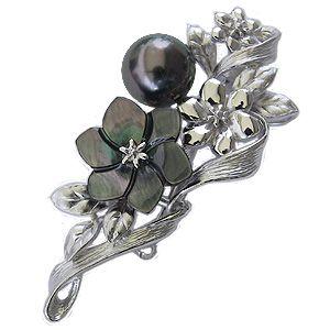 ブローチ 花 パール 真珠 2WAY ピンブローチ ブラックパール タヒチ黒 