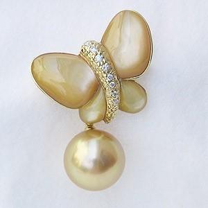 パール ブローチ 真珠 南洋白蝶真珠 蝶モチーフ ペンダント ダイヤモンド 黄蝶貝 k18 18k 18金 イエローゴールド メンズ プレゼント ギフト 自分買い pu