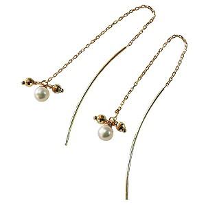 パール ピアス 18金 18k ロング チェーン 真珠 k18 イエローゴールド 