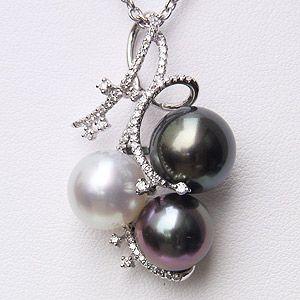 タヒチ黒蝶真珠 ペンダントネックレス ダイヤモンド パール 13mm