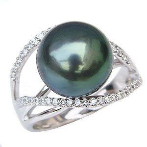 ★タヒチ黒蝶パール9.5mm珠★✨&0.20ctダイヤモンドK18WGリング指輪 ☆タヒチ黒蝶パール9.5mm珠☆✨&0.20ctダイヤモンドK18WGリング指輪