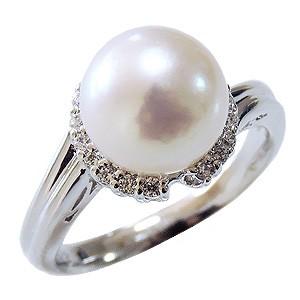 14金ホワイトゴールド台座のパールリング •ダイヤ付き パール 指輪 真珠 リング 南洋白蝶 ダイヤモンド ピンクホワイト系