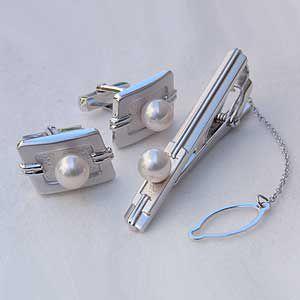 メンズ 2点セット アコヤ本真珠 タイピン タイバー カフス パール ホワイト系 シルバー 人気 プ...