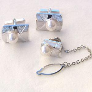 メンズ 2点セット アコヤ本真珠 タイタック カフス パール ホワイトピンク系 7mm シルバー 人...