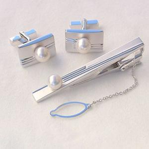 メンズ 2点セット アコヤ本真珠 タイピン タイバー カフス パール ピンク系 7mm シルバー 人...