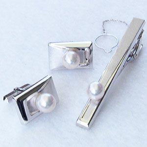 真珠 パール タイバー カフス セット あこや本真珠 7-7.5mm ホワイトゴールド メンズ 人気...