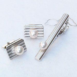 真珠 パール タイバー カフス セット あこや本真珠 7-7.5mm ホワイトゴールド メンズ 人気...