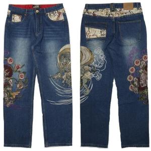 ジーンズ メンズ 刺繍 和柄 龍/竜/ドラゴン/上り鯉/昇り鯉 金襴