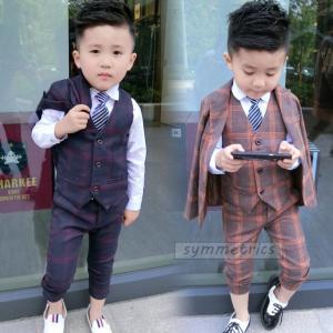 韓国子供服 スーツ 卒業式 入学式　小学生　男の子 ジャケット パンツ ベスト  3点セット  チェック柄 スーツ  子供服 フォーマル90 100 110 120 130 140 150