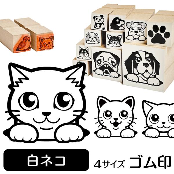 白ネコ イラスト ゴム印 スタンプ ハンコ 印 選べる4サイズ 猫 ネコ 雑貨 グッズ かわいい お...