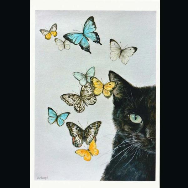 ポストカード 「猫に蝶（黒猫）」
