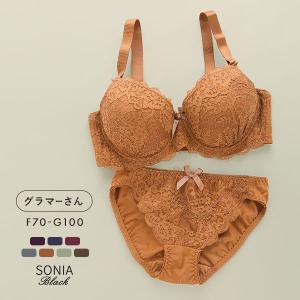 ブラジャー ショーツセット ソニアブラック 花柄スカラップレース リボン FG SONIA black 大きいサイズ