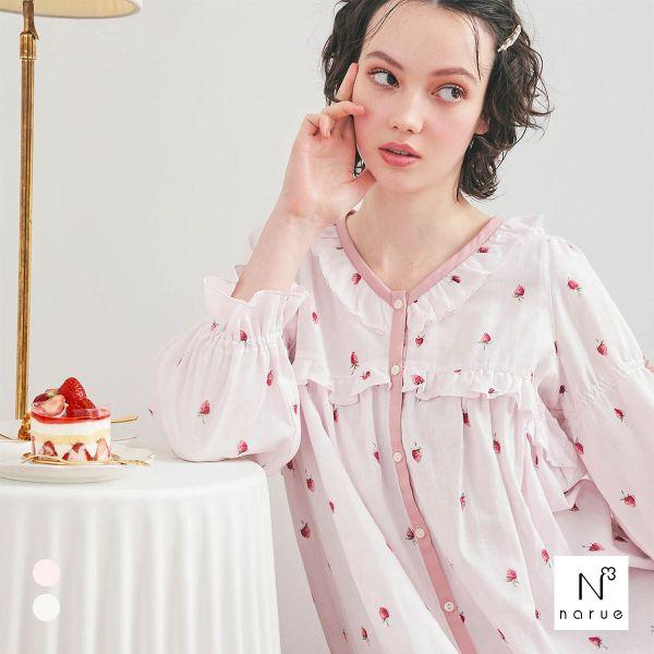 ナルエー パジャマ コットンダブルガーゼいちごフリルドレス ワンピース ルームウェア 長袖 レディー...