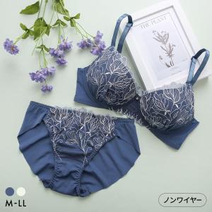 ルルモアナ 脇高フラワーレース ノンワイヤー ブラセット M L LL ブラジャー ショーツ セット ワイヤレス 大きいサイズ LULUMOANA