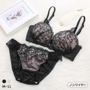 ピュアシェリ 脇高ラメ入りチュールレース ノンワイヤー ブラセット M L LL ブラジャー ショーツ セット ワイヤレス PURECHERIE