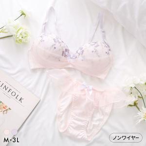 ブラジャー ショーツセット ピュアシェリ 花柄チュールハーフレース ノンワイヤー ブラセット M L LL 3L ショーツ 大きいサイズ レディース PURECHERIE