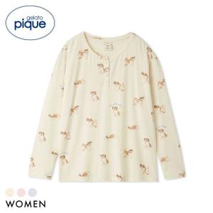 ジェラートピケ レディース 接触冷感 UVカット お散歩ドッグ柄ヘンリーネックプルオーバー ジェラピケ ルームウェア gelato pique