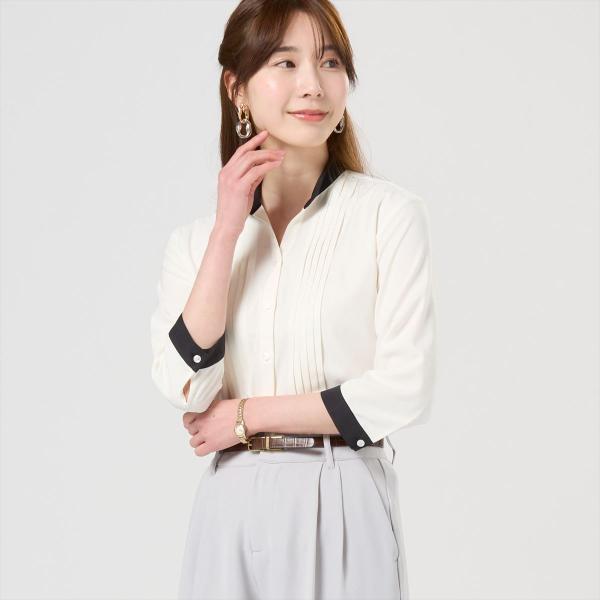 【公式】東京シャツ 【COFREX】 クレリック スキッパー スタンド タックブラウス 七分袖 レデ...