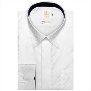 ワイシャツ 長袖 形態安定 スナップダウン 綿100% 白×市松格子織柄 スリム