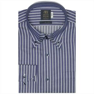 ワイシャツ 長袖 形態安定 マイター ドゥエボットー二 ボタンダウン 綿100% ネイビー×白ストライプ 標準体