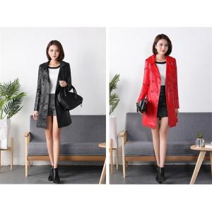 PUジャケット レディース　革ジャケット　ロングジャケット　フェイクレザー　バイクジャケット　防風防寒　赤　黒　革ジャン