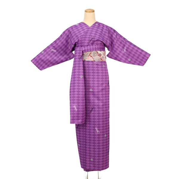簡単に着れる 洗える 袷 3点セット(小袖着物＋リボン帯＋ショール) レディース 菊紋 紫色 お仕立...