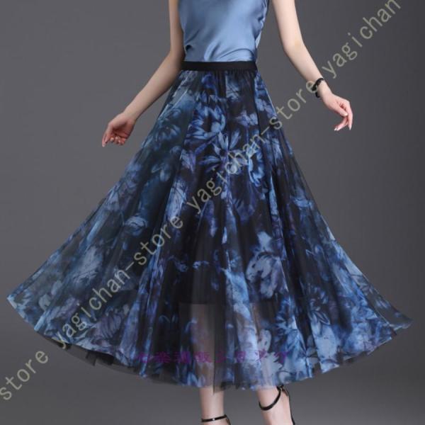 ロング スカート チュールスカート マキシスカート フレアスカート レディース 花柄 シフォン ウエ...