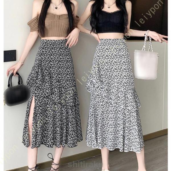 スカート ひざ丈 花柄 ミモレ丈 ウエストゴム 春 春服 春夏 ボトムス フレアスカート 体型カバー...