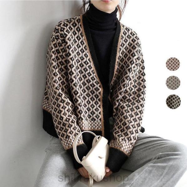 カーディガン レディース トライバル柄 Vネックニット ニットカーデ コート コーディガン アウター...
