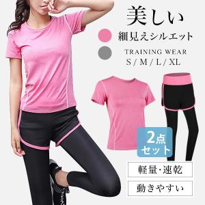 スポーツウェア レディース 【上下セット】シンプル セットアップ トレーニングウェア おしゃれ ランニング ヨガ ジム Tシャツ ショートパンツ ピング グレー