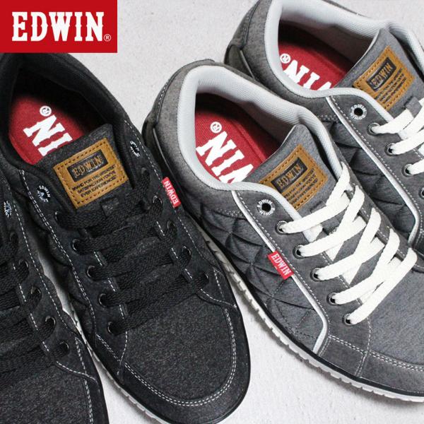 エドウィン 軽量スニーカー メンズ EDW-7763 ブラック グレー 黒 軽量 幅広 滑りにくい ...
