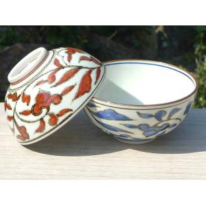 清水焼　鳳山　夫婦茶碗　椿 九谷焼 夫婦茶碗 色彩椿紋 ペア 化粧箱入り ( 即日発送 名入れ有料