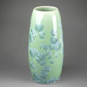 京焼   清水焼 花結晶縦長花生　陶あん　緑