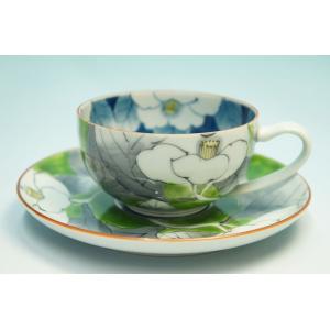 赤絵山茶花　ティー・コーヒー碗皿(緑)