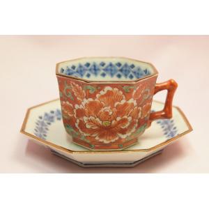 赤濃牡丹　コーヒー碗皿・緑
