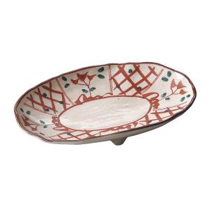 手描三ツ足楕円皿 赤ダミ木の葉 約22cm 和食器 楕円・変形皿 中皿