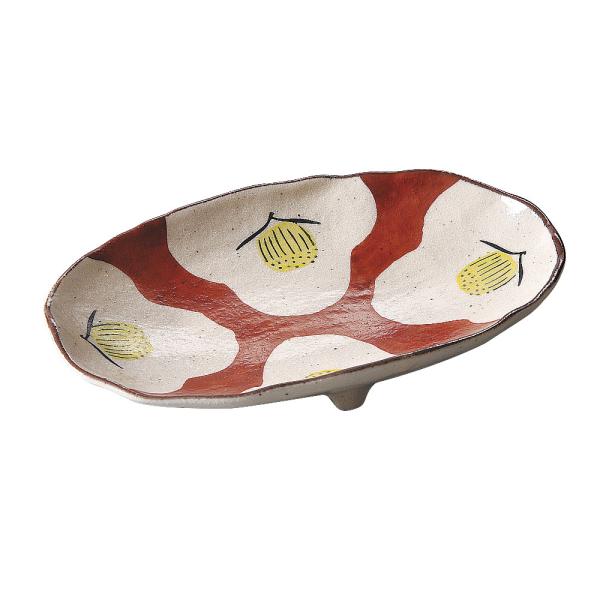 手描三ツ足楕円皿 赤ダミ椿 約22cm 和食器 楕円・変形皿 中皿 レッド系 日本製 美濃焼 業務用...