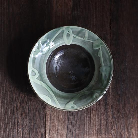 六寸深皿 小鹿田焼 坂本工窯 緑 中皿 民藝 和食器 日本製 手仕事 約18.5cm