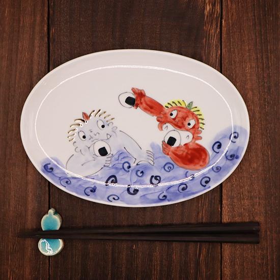 波佐見焼 陶房青 鬼絵 おにぎり 楕円皿 19cm 和食器 焼魚皿 取皿 プレート 日本製 手仕事 ...