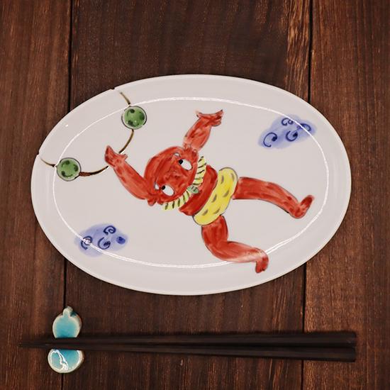 波佐見焼 陶房青 鬼絵 雷 楕円皿 19cm 和食器 焼魚皿 取皿 プレート 日本製 手仕事 器