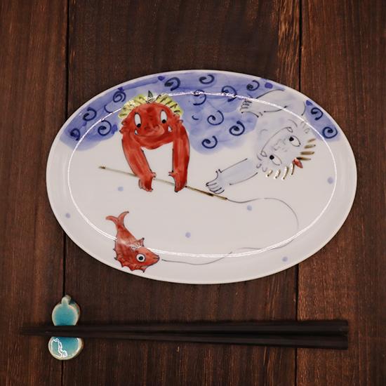 波佐見焼 陶房青 鬼絵 釣り 楕円皿 19cm 和食器 焼魚皿 取皿 プレート 日本製 手仕事 器