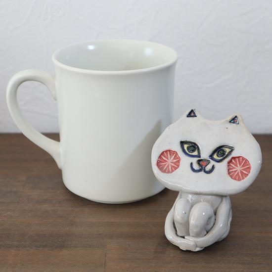 落合崇秀 狛猫オブジェ 白猫 陶器オブジェ ペーパーウェイト 作家物