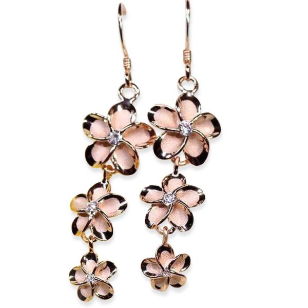 ハワイアンジュエリー ピアス 3連 プルメリア  ピンクゴールド コーティング キュービックジルコニ...