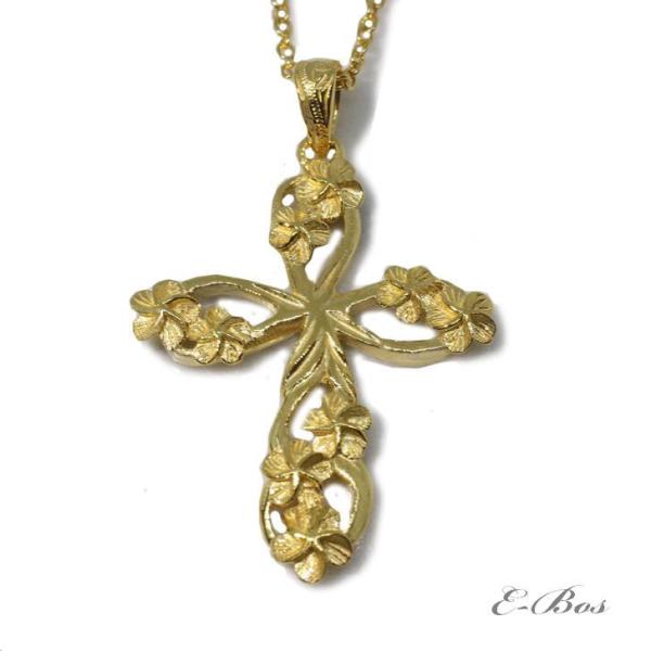 ハワイアンジュエリー ネックレス クロス ペンダント 選べるチェーン 透かし ウエーブ に プルメリ...