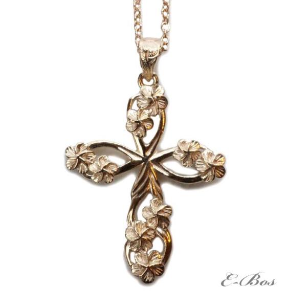 ハワイアンジュエリー ネックレス クロス ペンダント 選べるチェーン 透かし ウエーブ に プルメリ...