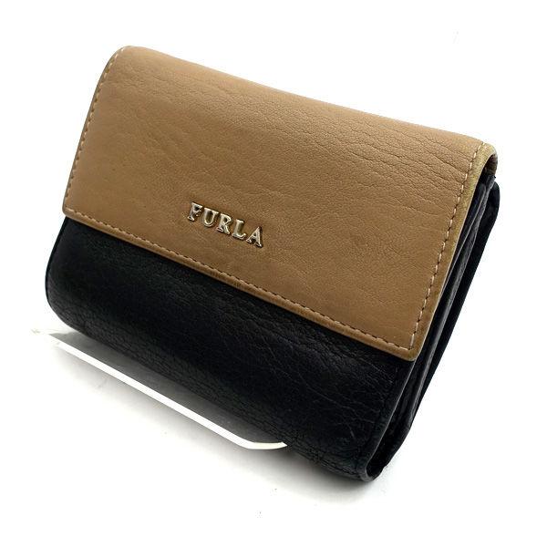 FURLA / フルラ  三つ折り財布/レザー/ロゴ/ブラック×ベージュ  メンズファッション 中古