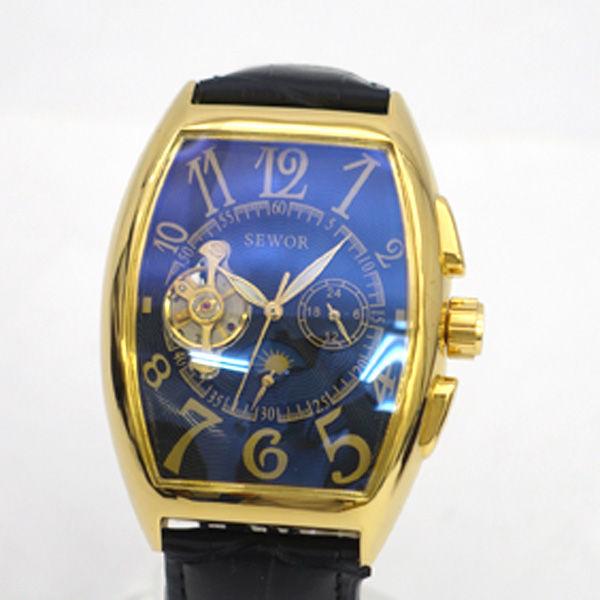 SEWOR  腕時計/自動巻/スケルトン/ブルー×ゴールド×ブラック メンズファッション 中古