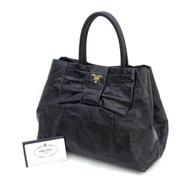 PRADA / プラダ  リボンデザイン ハンドバッグ ブラック エナメル BN1601 ブランド ...