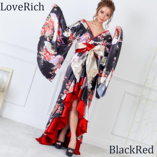 LoveRich ラブリッチ サテン和柄フリルロング着物ドレス 衣装 ダンス よさこい 花魁 コスプ...