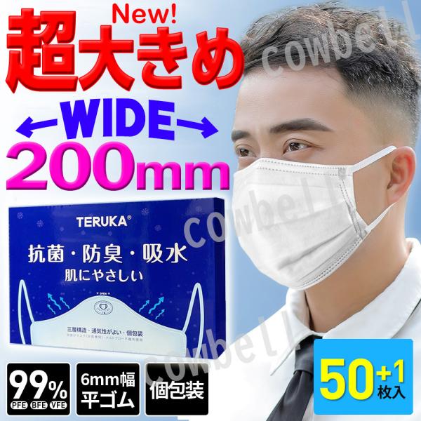 50枚×2 テルカ 不織布マスク 特大 大きいサイズ 100枚 男性用 超大きめサイズ XL　200...